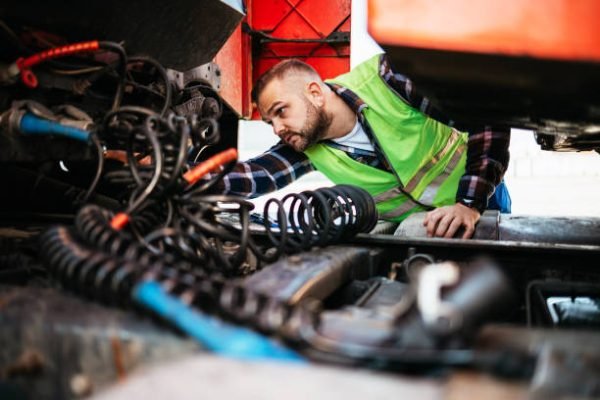 Truck inspection and safety, Truck driver daily checking the semi truck trailer.